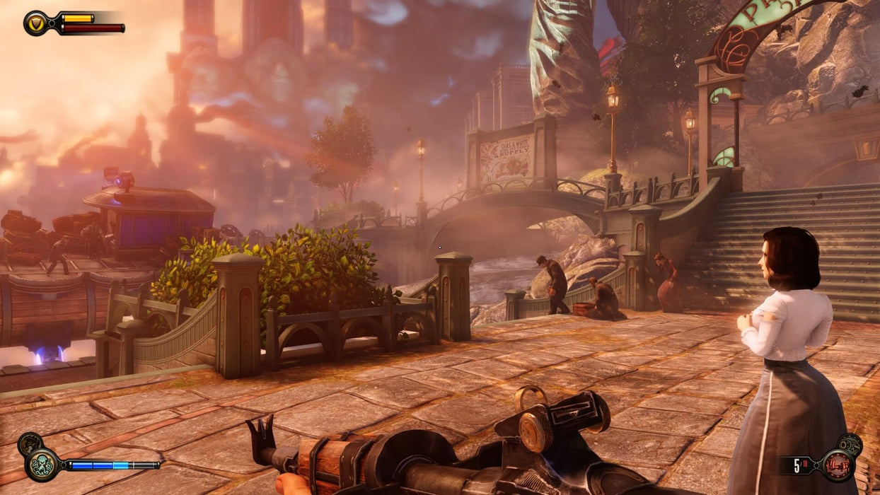 A breathtaking view of Columbia in BioShock Infinite on PC, with the player's weapon visible in the foreground. Elizabeth stands nearby as the city’s intricate design and floating structures create a dreamlike atmosphere. Buy your digital key today at RushGame.co