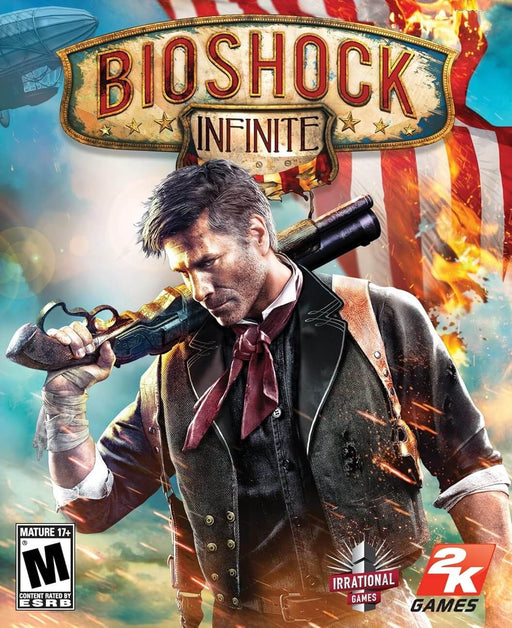 cover art for BioShock Infinite PC Steam CD Key, showcasing the protagonist, Booker DeWitt, wielding a shotgun with a determined expression against a backdrop of a burning American flag. Purchase your digital key instantly at RushGame.co