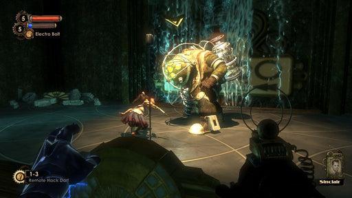 Big Daddy encounter in BioShock 2 – A dramatic in-game screenshot from BioShock 2 on PC, showing an intense battle against the iconic Big Daddy in the underwater world of Rapture. The player aims at the enemy while a Little Sister stands nearby. Experience thrilling combat in BioShock: The Collection, available at RushGame.co