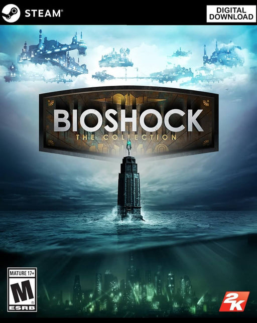 BioShock: The Collection cover art – The cover art for BioShock: The Collection on PC Steam, featuring the iconic lighthouse leading to the underwater city of Rapture and the floating city of Columbia. Get BioShock: The Collection at RushGame.co and experience the legendary FPS series