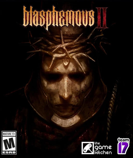 Official cover art of Blasphemous 2 for PC Steam, featuring the Penitent One with a spiked helmet, surrounded by a dark and eerie atmosphere. Get your game key instantly at RushGame.co