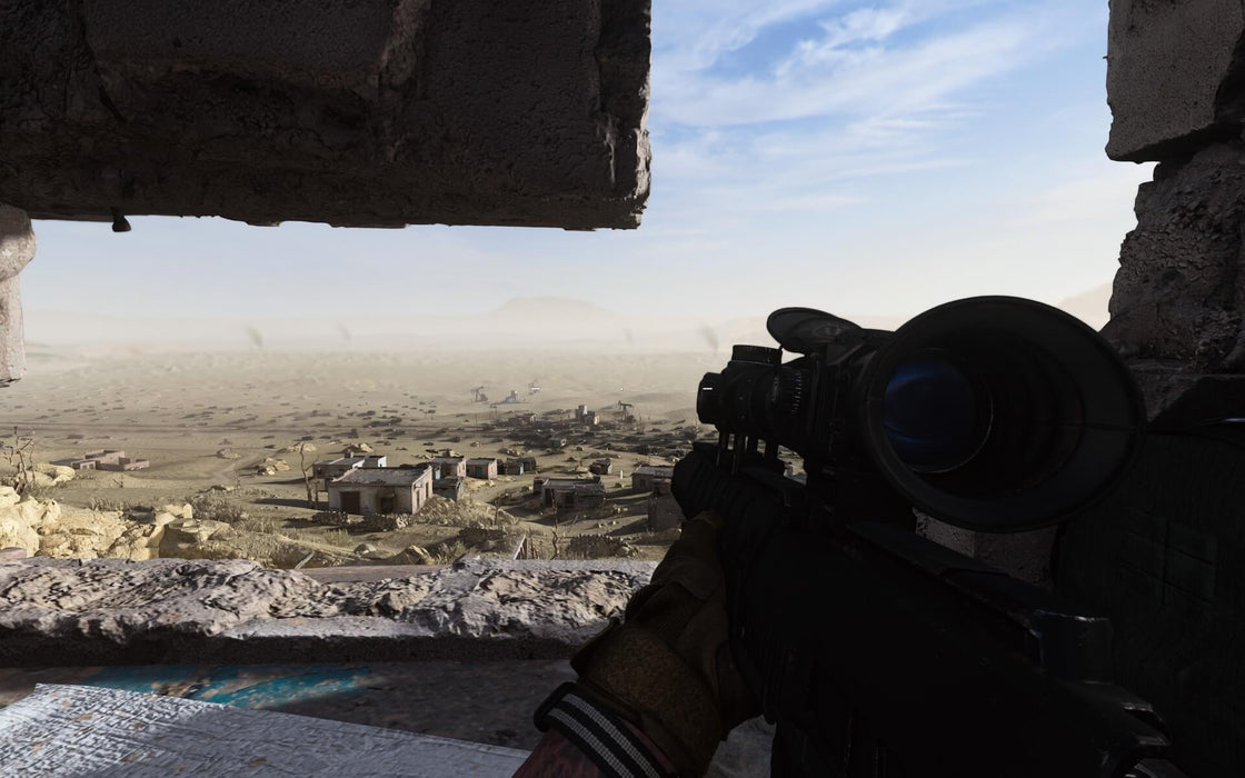 Game screenshot: A first-person sniper view overlooking a vast desert battlefield in Call of Duty: Modern Warfare. Secure your COD: Modern Warfare Xbox One CD Key at RushGame.co and experience tactical warfare with stunning realism