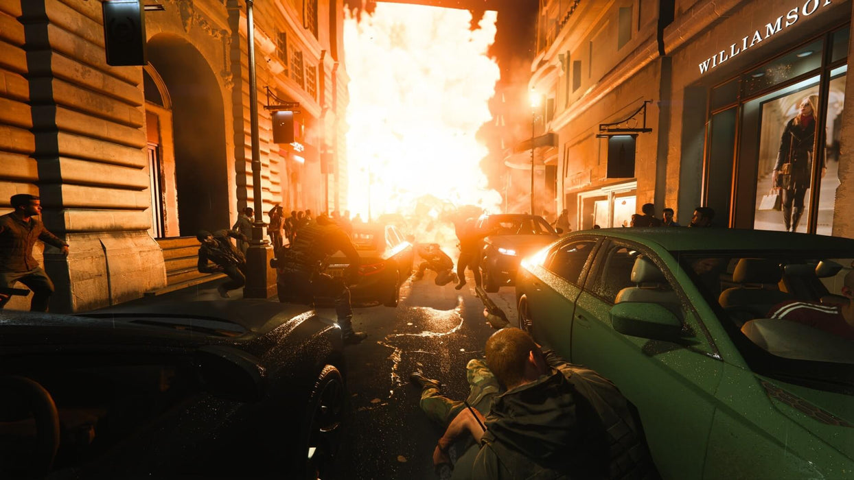 Game screenshot: An explosive urban combat scene in Call of Duty: Modern Warfare, showing a powerful detonation in a crowded city street. Buy your COD: Modern Warfare digital key at RushGame.co and immerse yourself in high-intensity modern warfare scenarios