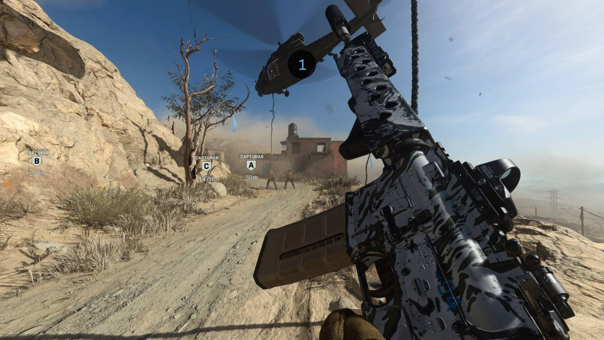 Game screenshot: A player reloads a customized assault rifle while capturing objectives in a desert multiplayer battlefield in Call of Duty: Modern Warfare. Get your Xbox One CD Key for COD: Modern Warfare at RushGame.co and dominate the battlefield with fast-paced FPS gameplay