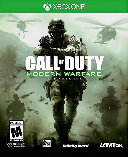 The official cover of Call of Duty: Modern Warfare Remastered for Xbox One, featuring a soldier in full combat gear advancing through a battlefield with helicopters flying overhead. Buy your digital Xbox One key now at RushGame.co and experience the legendary campaign and multiplayer action with enhanced visuals