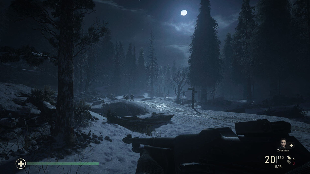 Gameplay screenshot (Call of Duty: WWII - Winter Warfare)

A nighttime battlefield scene with a soldier aiming a BAR rifle in a snow-covered forest, illuminated by moonlight. Join the fight and experience the intense campaign of Call of Duty: WWII—grab your Xbox digital key at RushGame.co