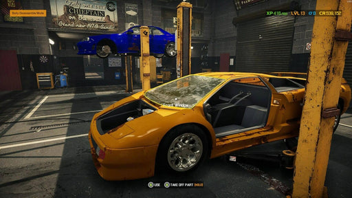 gameplay screen: Supercar being repaired in the garage A stripped-down golden supercar undergoing repairs in Car Mechanic Simulator 2021 on PC Steam. Upgrade, repair, and customize vehicles—get your game key instantly at RushGame.co!