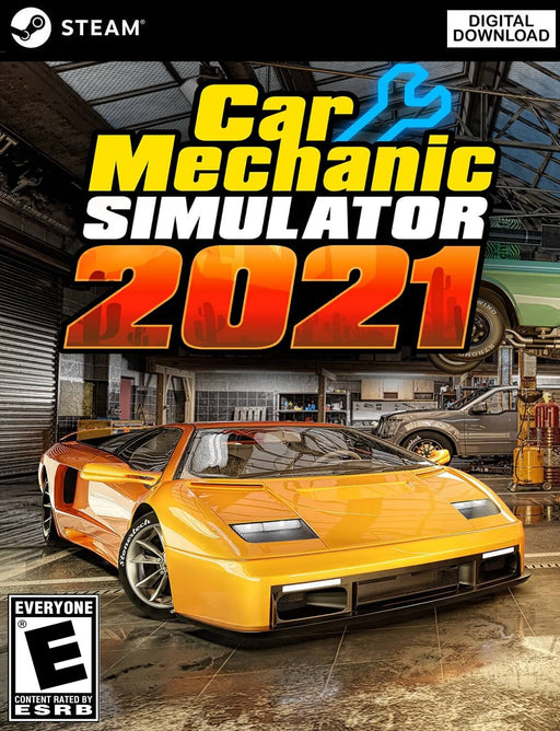 Cover art for Car Mechanic Simulator 2021 on PC Steam, featuring a restored golden supercar inside a professional garage. Buy your Steam CD key at RushGame.co and build your own car repair empire!