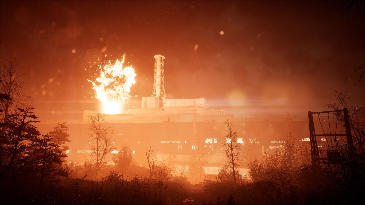 Gameplay screenshot: A catastrophic explosion lights up the night sky as the Chernobyl power plant burns, setting the stage for Chernobylite Enhanced Edition's gripping story. Immerse yourself in the dangerous Exclusion Zone—buy your Steam CD Key for PC at RushGame.co today