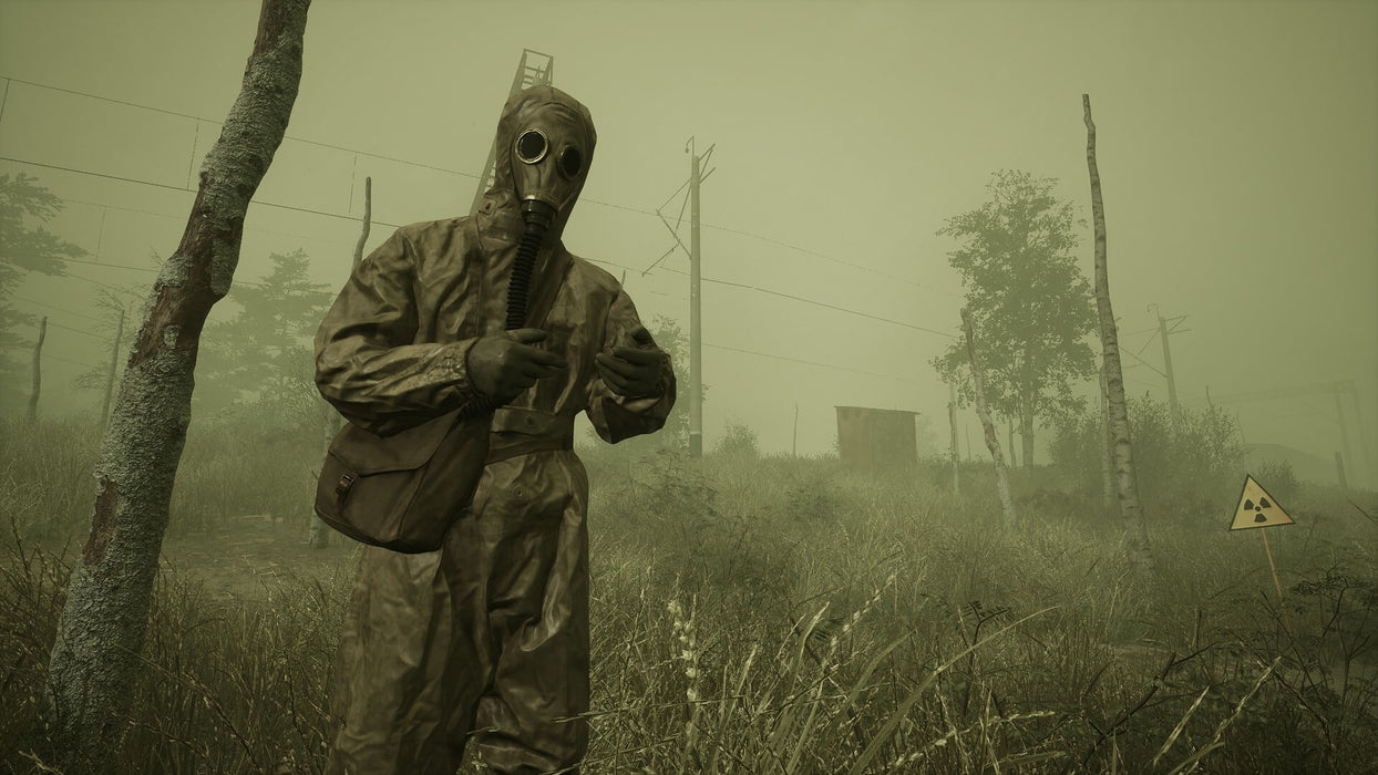 Gameplay screenshot: A lone figure in a radiation suit wanders through a toxic green-tinged wasteland, emphasizing the game's eerie, post-apocalyptic survival setting. Face the horrors of Chernobyl with Chernobylite Enhanced Edition—secure your PC Steam key now at RushGame.co