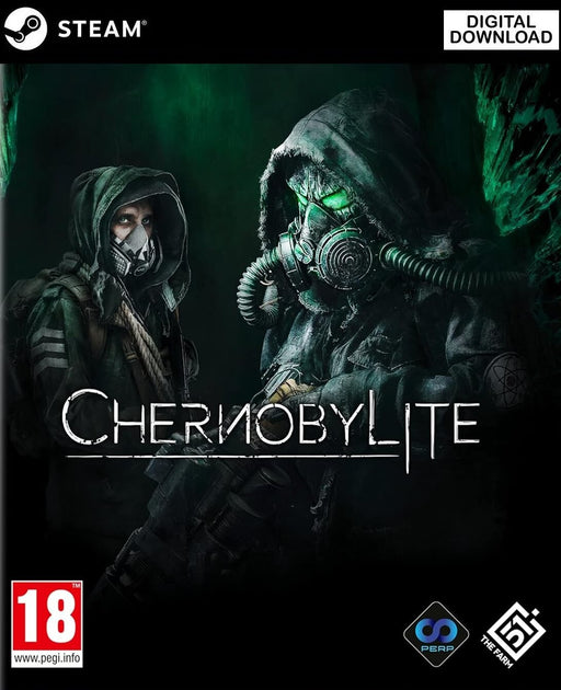 Chernobylite Enhanced Edition PC Steam cover art showcasing two masked survivors in an eerie green-lit environment, emphasizing the game's survival horror theme. Get your Chernobylite Enhanced Edition Steam CD Key now on RushGame.co and explore the radioactive Exclusion Zone with intense survival mechanics