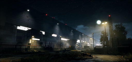 Gameplay screenshot: A dark, atmospheric night scene from Chernobylite, depicting an industrial complex under the moonlight with scattered debris and eerie lighting. Experience the intense survival horror adventure in Chernobyl’s Exclusion Zone—buy your Chernobylite PC Steam CD Key now at RushGame.co for instant digital delivery