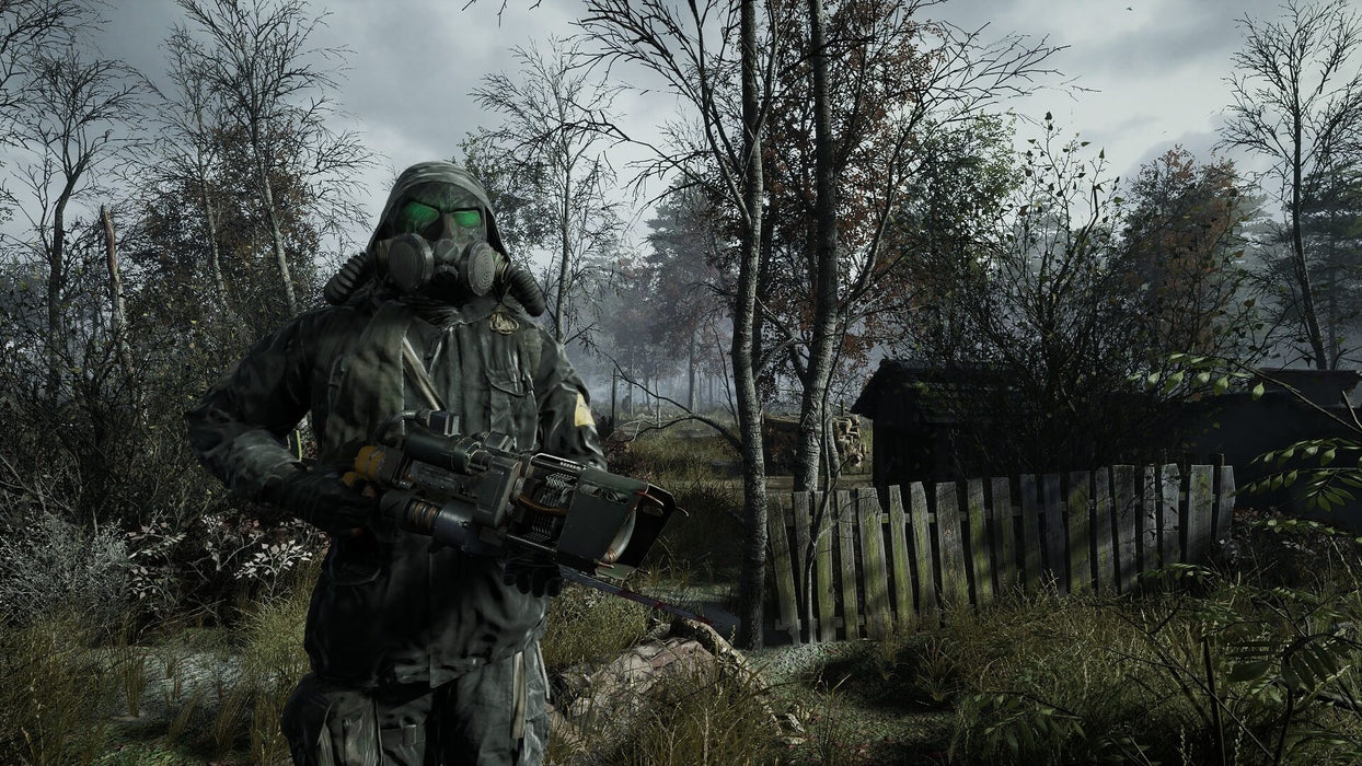 Gameplay screenshot: A menacing figure in a gas mask and tactical gear stands in the overgrown Chernobyl ruins, armed with a high-tech weapon, ready to defend against supernatural horrors. Immerse yourself in the gripping sci-fi horror of Chernobylite—grab your Steam activation code now at RushGame.co and start your journey into the unknown