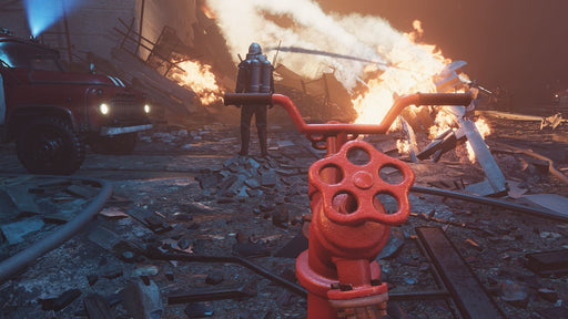 Intense firefighting scene from Chornobyl Liquidators, showcasing a first-person perspective of a firefighter using a red valve to combat flames amidst disaster wreckage. Buy your Chornobyl Liquidators Steam CD Key at RushGame.co and relive history