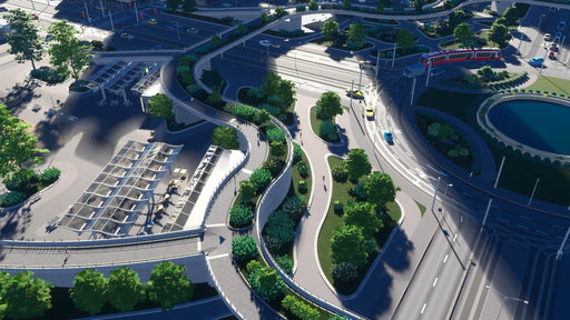 gameplay screenshot:A modern pedestrian-friendly transit hub in Cities: Skylines II, illustrating smooth infrastructure planning. Buy your instant digital key at RushGame.co