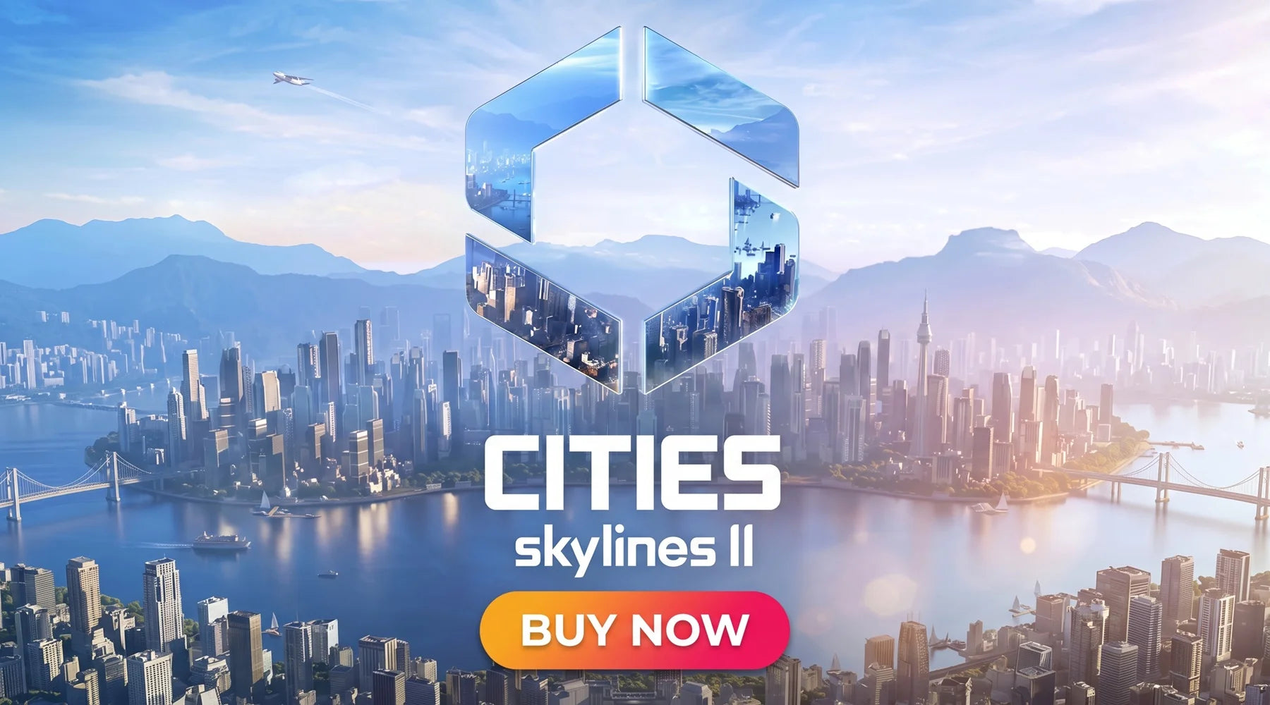A promotional banner for the video game 'Cities: Skylines II' in a 16:9 format, based on the original cover art. In the upper and center area, the game's distinctive logo features a large, 3D geometric hexagonal symbol reflecting the cityscape and sky, with the bulky white text 'CITIES' and 'skylines II' directly below it. The background displays a vast, sprawling modern metropolis densely packed with skyscrapers, situated along a wide waterfront with bridges, set against a backdrop of distant, hazy mountai