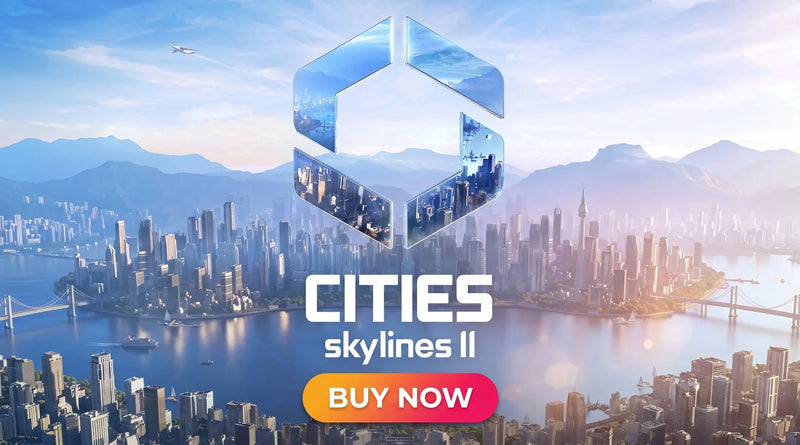 A promotional banner for the video game 'Cities: Skylines II' in a 16:9 format, based on the original cover art. In the upper and center area, the game's distinctive logo features a large, 3D geometric hexagonal symbol reflecting the cityscape and sky, with the bulky white text 'CITIES' and 'skylines II' directly below it. The background displays a vast, sprawling modern metropolis densely packed with skyscrapers, situated along a wide waterfront with bridges, set against a backdrop of distant, hazy mountai