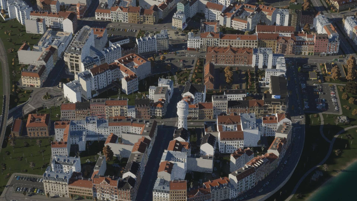 Gameplay screenshot: A detailed European-style cityscape with historic buildings in Cities: Skylines II - Ultimate Edition. Secure your digital game code today at RushGame.co