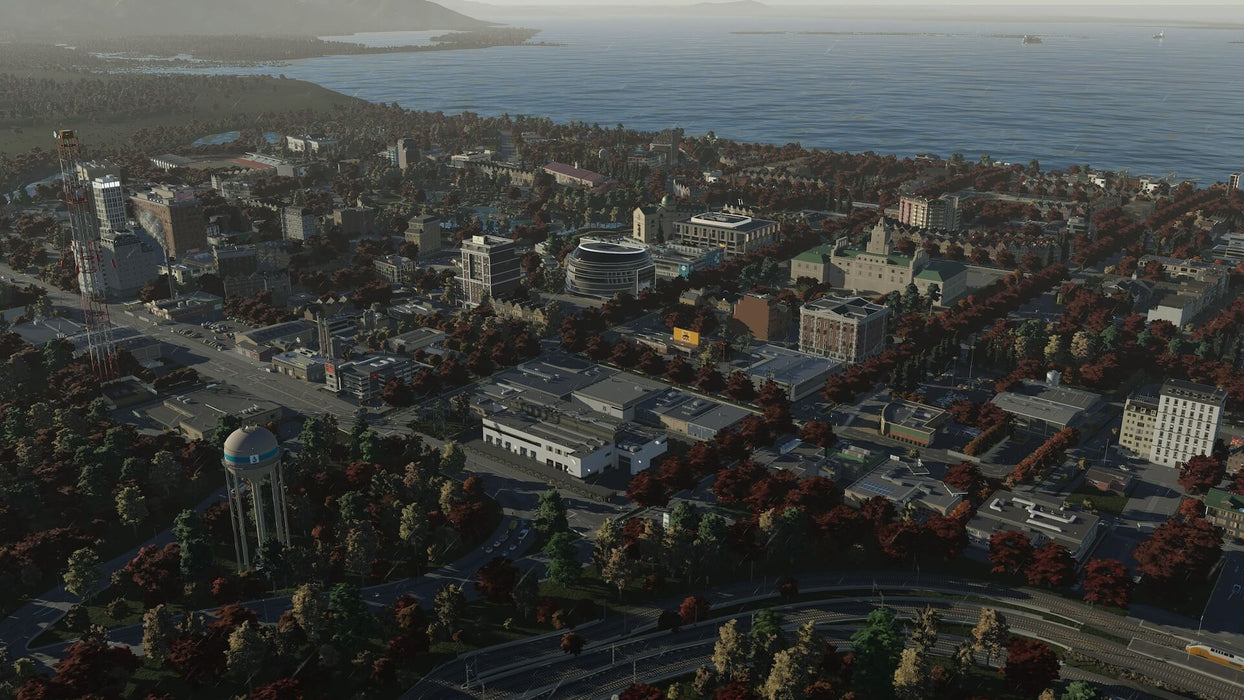 Gameplay screenshot: A stunning coastal town with autumn foliage in Cities: Skylines II - Ultimate Edition. Purchase your Steam key at RushGame.co