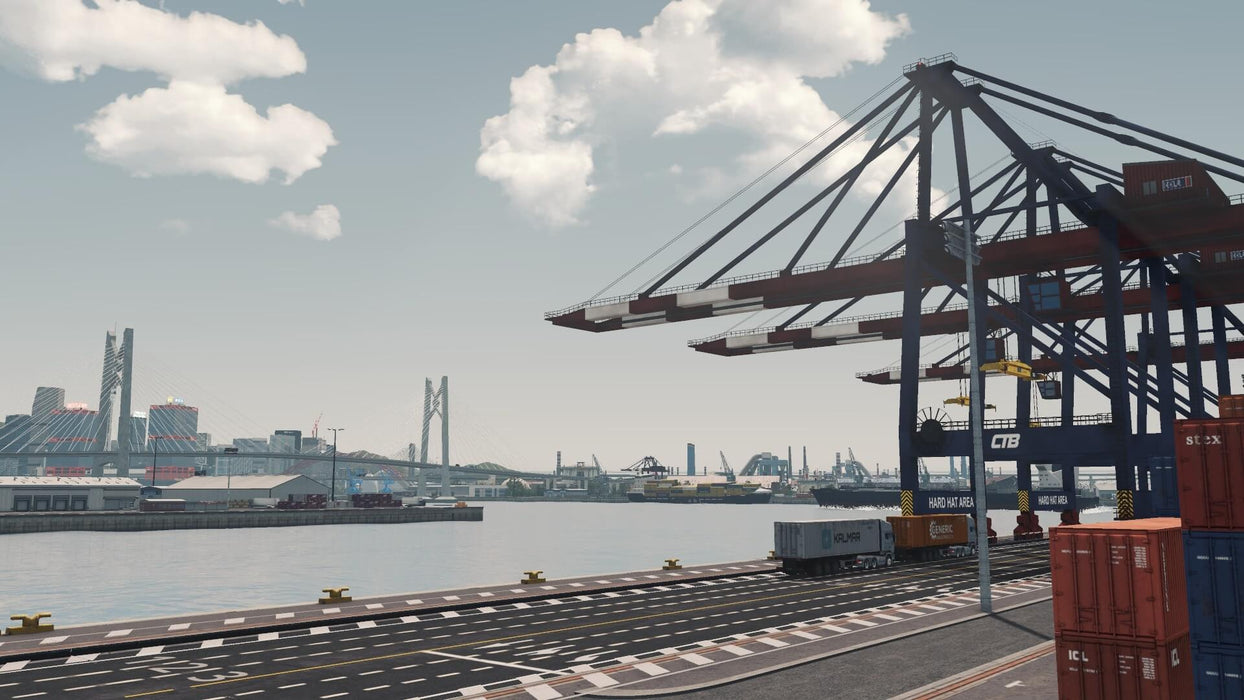 Game screenshot: A massive shipping port in Cities: Skylines - Industries DLC, with towering cranes and container storage areas overlooking a vast waterway. Purchase your Cities: Skylines Industries DLC CD Key at RushGame.co and manage your city's industrial economy today