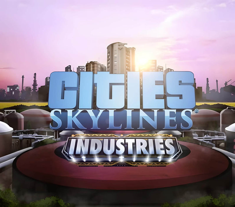 Cover art for Cities: Skylines - Industries DLC, featuring an industrial cityscape with towering factories and smoke stacks. Get your Cities: Skylines - Industries DLC PC Steam CD Key at RushGame.co for instant digital delivery