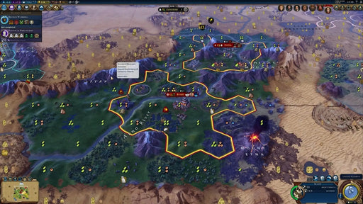 In-game screenshot from Civilization VI Anthology on Epic Games, displaying the city of Rome surrounded by breathtaking mountain terrain, resource-rich tiles, and the powerful Mount Etna volcano. Get your Civilization VI Anthology Epic Games key at RushGame.co to build your own empire and conquer the world
