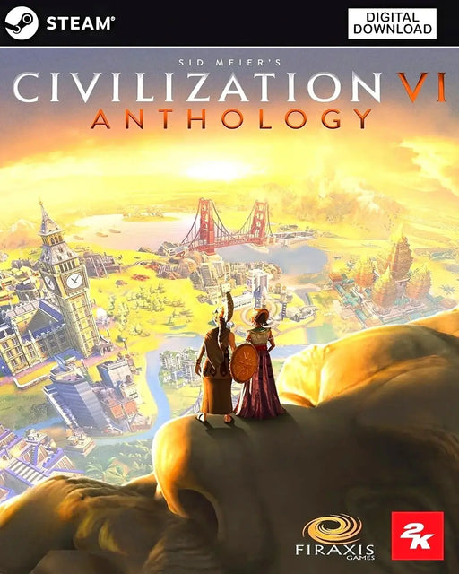 Cover art for Sid Meier’s Civilization VI Anthology Steam Key, featuring two iconic leaders overlooking a vast cityscape with landmarks like Big Ben and the Golden Gate Bridge. Buy Civilization 6 Anthology Steam Key at RushGame.co for instant digital delivery and the ultimate strategy game experience