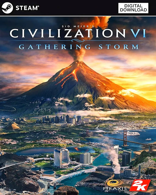 cover art for Civilization VI: Gathering Storm DLC on Steam, featuring a volcanic eruption over a thriving metropolis. Get the Civilization VI Gathering Storm Steam key at RushGame.co – unlock new gameplay features and expand your strategy experience instantly