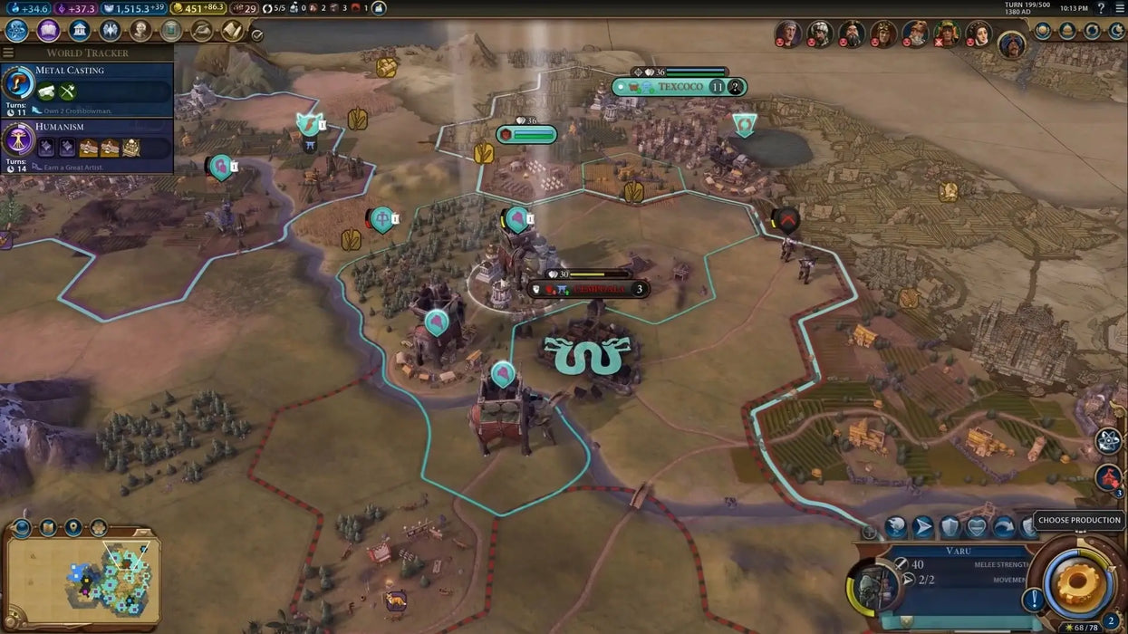 In-game screenshot from Civilization VI: Rise and Fall showing Texcoco and surrounding cities with district improvements and borders. Expand your empire with a genuine Civilization VI: Rise and Fall Steam DLC Key from RushGame.co – get yours now