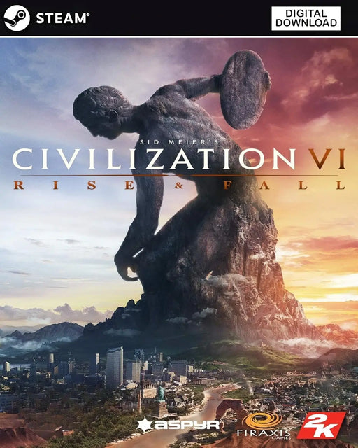 Cover art from Civilization VI: Rise and Fall Steam DLC, featuring the monumental statue overlooking a thriving modern city. Buy your Civilization VI: Rise and Fall Steam Key at RushGame.co and unlock epic new chapters in world history!