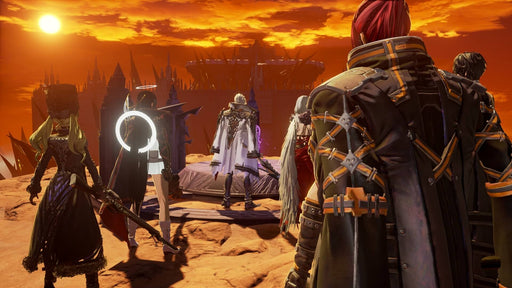 Code Vein Gameplay Screenshot 1 – A group of heavily armed warriors stands before a glowing, ominous fortress under a burning orange sky. Get your Code Vein PC Steam CD Key at RushGame.co and experience an intense, story-driven RPG with strategic battles