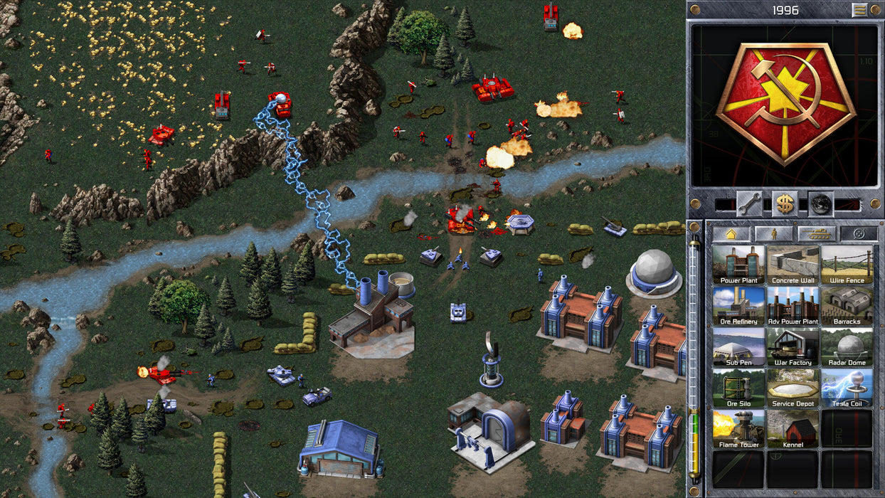 Red Alert Remastered battle – river map warfare – A fierce battle between Soviet and Allied forces unfolds on a river map, showcasing Tesla Coils, artillery explosions, and intense combat in the Command & Conquer Remastered Collection. Secure your PC CD key at RushGame.co and take command of the battlefield