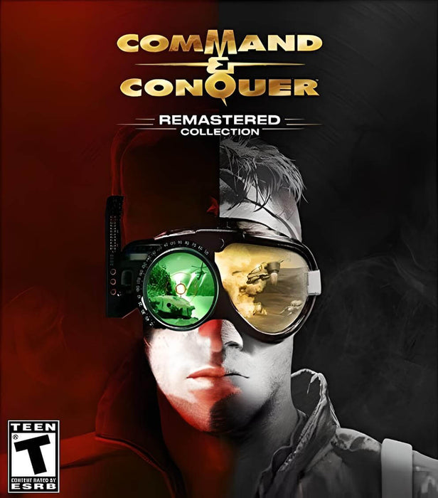 Command & Conquer Remastered Collection cover art – Official cover of Command & Conquer Remastered Collection, featuring the iconic split-image design with a soldier wearing futuristic goggles reflecting the two rival factions. Relive the legendary real-time strategy experience with enhanced visuals and gameplay. Buy your PC CD key at RushGame.co today