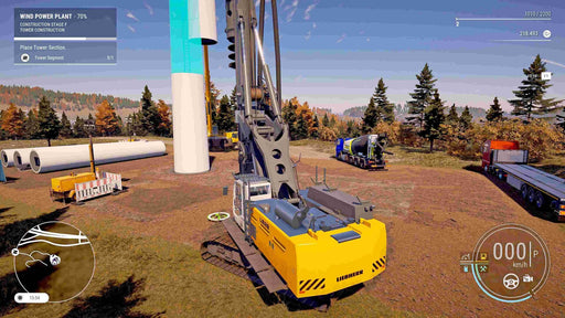 In-game screenshot of Construction Simulator, showing a large Liebherr excavator working on a wind power plant construction site. The player is placing a tower section while surrounded by construction equipment and vehicles. Experience realistic building mechanics—available at RushGame.co