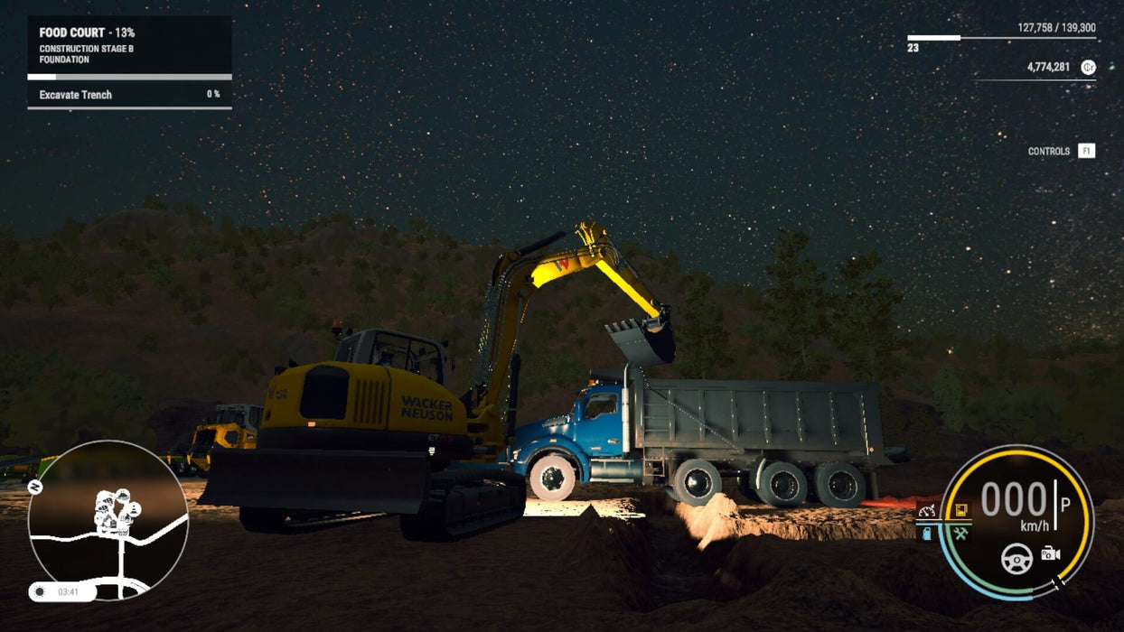 Gameplay screenshot: A nighttime construction scene in Construction Simulator, featuring a Wacker Neuson excavator loading dirt into a dump truck under a starry sky. The site is illuminated by headlights, enhancing the game's realistic simulation. Get your digital game key at RushGame.co