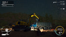 Gameplay screenshot: A nighttime construction scene in Construction Simulator, featuring a Wacker Neuson excavator loading dirt into a dump truck under a starry sky. The site is illuminated by headlights, enhancing the game's realistic simulation. Get your digital game key at RushGame.co