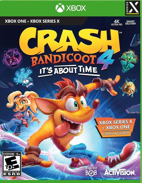 cover art for Crash Bandicoot 4: It's About Time for Xbox One and Xbox Series X/S. The artwork features Crash Bandicoot in a dynamic pose, with Coco Bandicoot and Quantum Masks in the background, emphasizing the game's time-travel theme. Get your digital key at RushGame.co