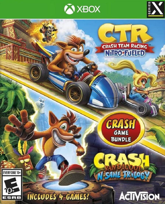 Cover art for Crash Bandicoot Bundle: N. Sane Trilogy + CTR Nitro-Fueled for Xbox Series X. The artwork showcases Crash Bandicoot racing in a blue go-kart in Crash Team Racing Nitro-Fueled, while below, he is seen jumping out of a warp portal in Crash Bandicoot N. Sane Trilogy. The cover highlights that the bundle includes four games. Purchase the Xbox game bundle now at RushGame.co