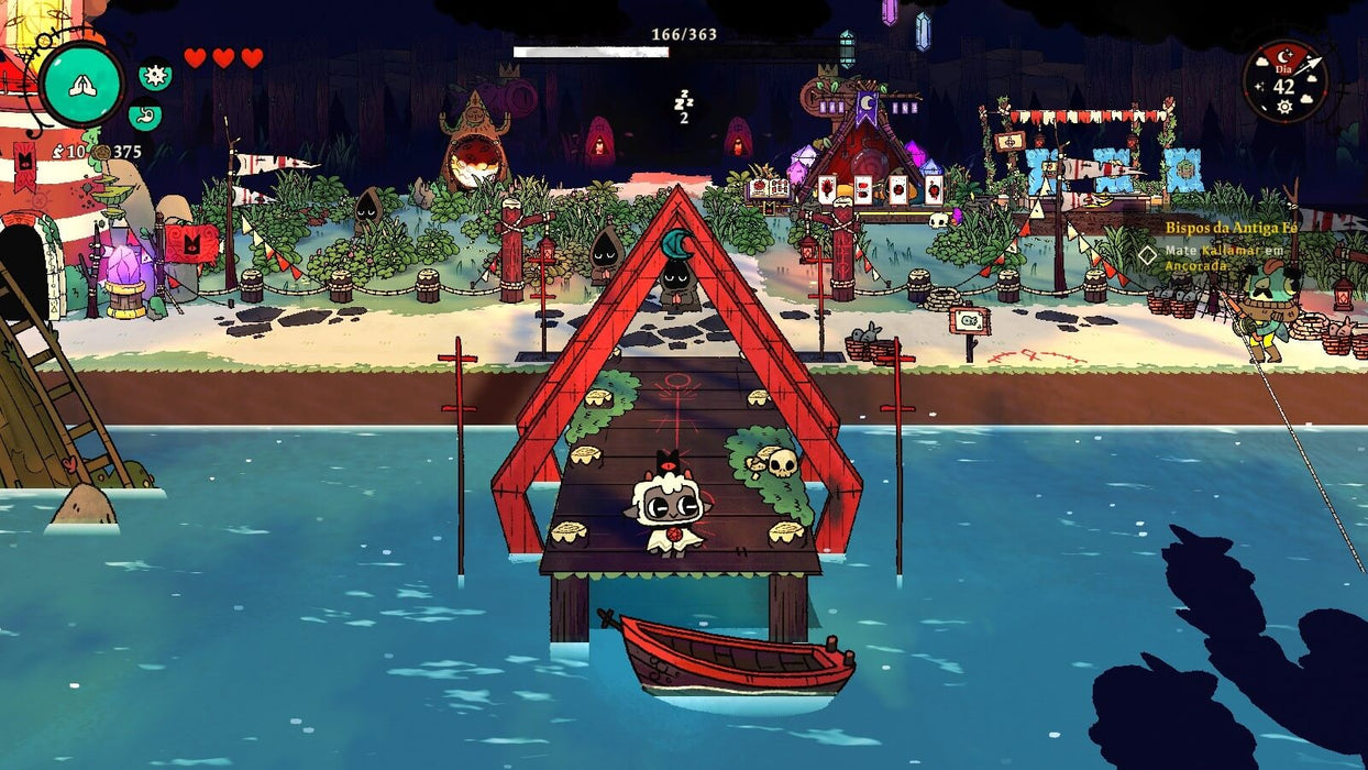 Cult of the Lamb PC Steam CD Key Gameplay Screenshot 2 – A strategic view of a cult village in Cult of the Lamb, featuring a bridge adorned with skulls leading to a ritualistic shrine. The player’s character stands ready to expand their cult in this beautifully animated world. Purchase your Steam key now at RushGame.co