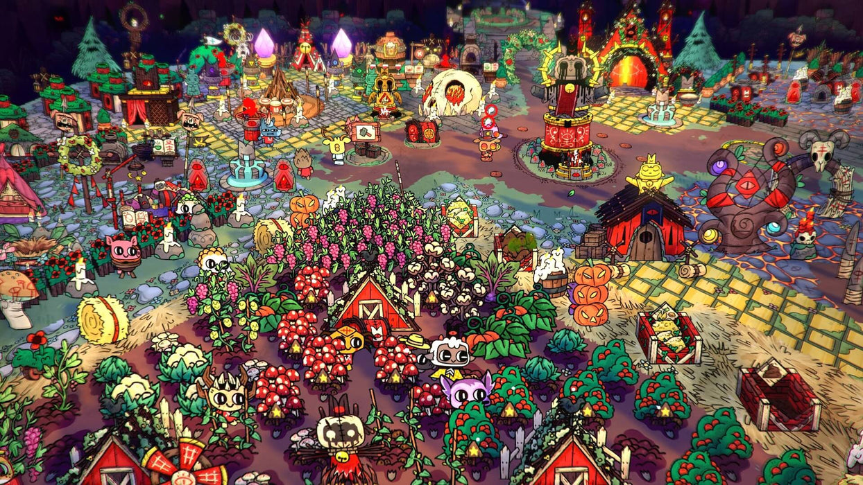 Cult of the Lamb PC Steam CD Key Gameplay Screenshot 3 – A detailed look at a thriving cult settlement in Cult of the Lamb, filled with colorful decorations, dedicated followers, and mystical symbols. Manage your cult and grow your following with a game key from RushGame.co