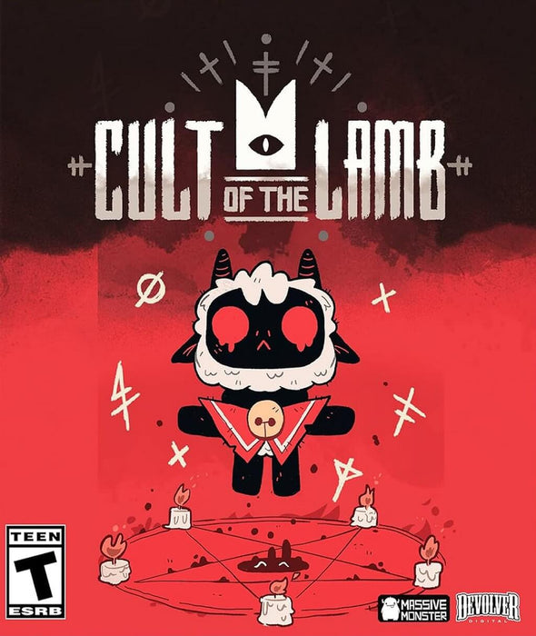 The cover art for Cult of the Lamb on PC Steam. Features the lamb protagonist in a ritualistic pose surrounded by candles and mystical symbols, with the game's title in bold, gothic typography. Buy your Cult of the Lamb Steam key now at RushGame.co