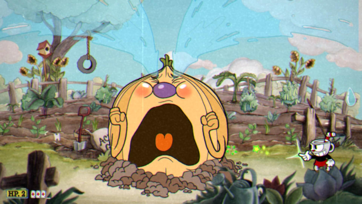 Gameplay screenshot: A chaotic boss fight in Cuphead on Xbox, featuring the game’s nostalgic 2D animation. Buy your Xbox CD key now at RushGame.co!