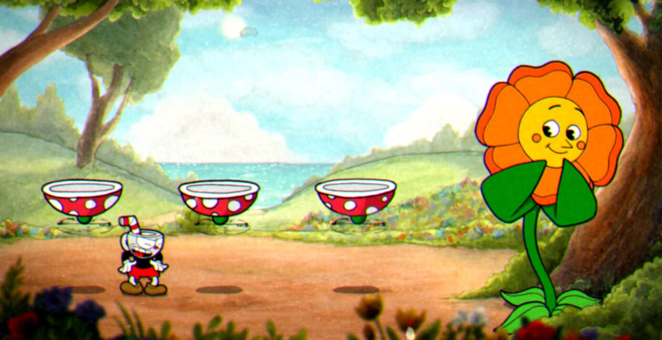 Gameplay screenshot: A colorful boss encounter in Cuphead, where players face off against a giant animated flower. Buy your Xbox One/Series CD key instantly at RushGame.co