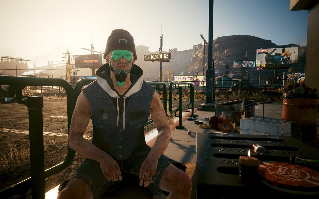 Cyberpunk 2077 screenshot – cybernetically enhanced NPC

A close-up of an NPC in Cyberpunk 2077 with a neon green cybernetic face mask, sitting in the outskirts of Night City. The immersive game world is packed with detailed characters and vibrant cityscapes. Find your Cyberpunk 2077 game key at RushGame.co