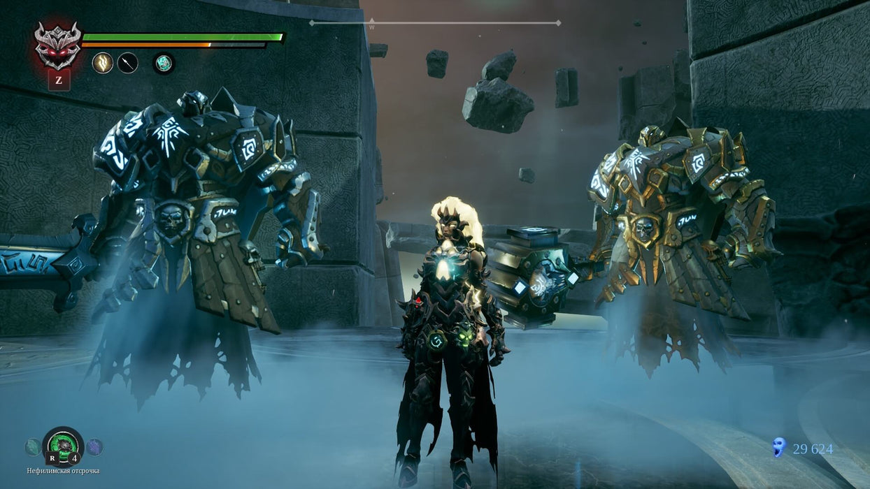 In-game screenshot from Darksiders III on Xbox, showing Fury in a darkened arena with two colossal stone guardians, ready to unleash her powers. Get your Darksiders III Xbox digital key now at RushGame.co