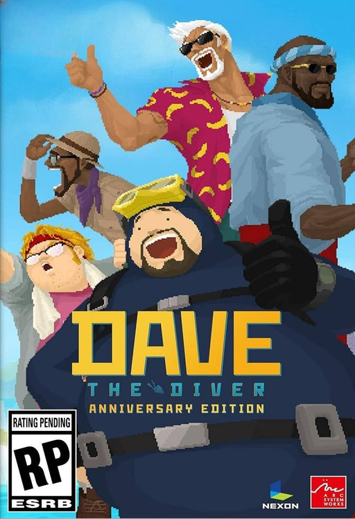 Official cover art for Dave the Diver Anniversary Edition on PC Steam, featuring pixel-art characters in a vibrant, tropical setting. Buy your digital game key now at RushGame.co and start your underwater adventure!