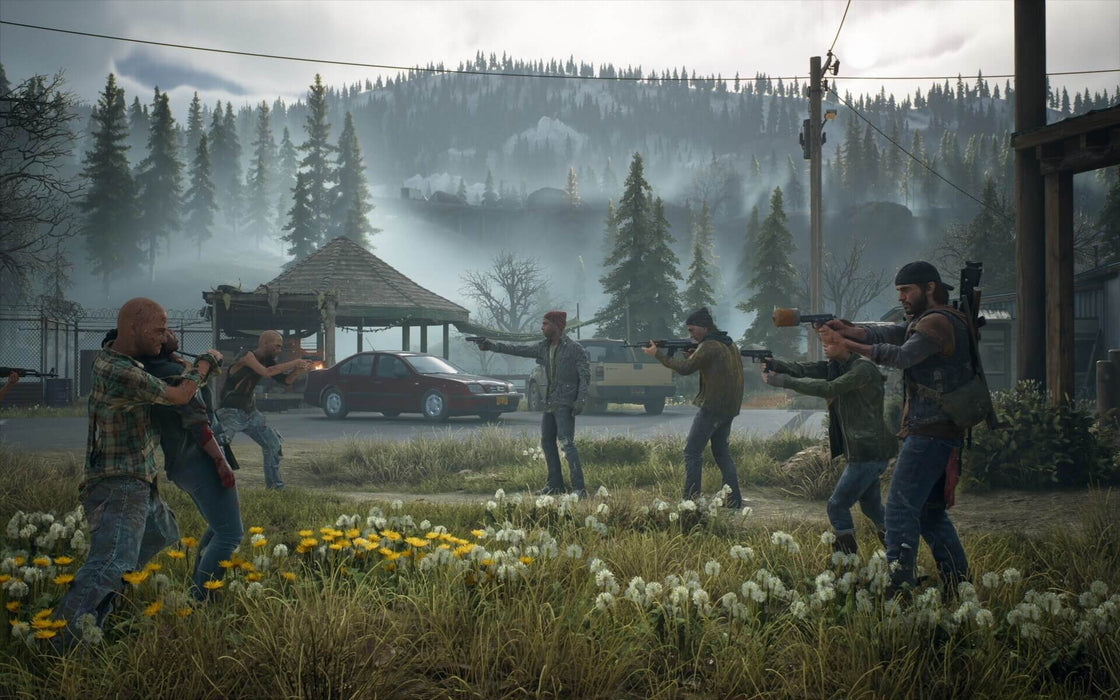 gameplay screenshot: A tense hostage standoff in Days Gone, where Deacon and armed survivors face off in a brutal post-apocalyptic encounter. Purchase your activation key instantly at RushGame.co