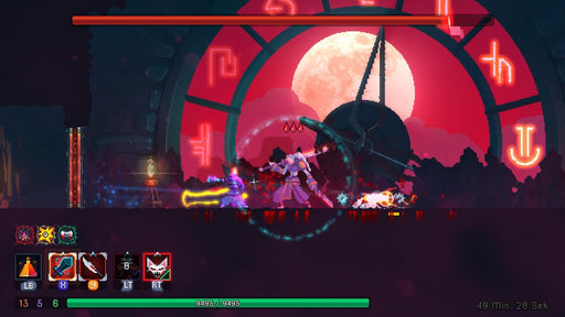 A high-energy arena fight in Dead Cells, showcasing the protagonist in combat against a powerful enemy beneath a blood-red moon. The vibrant pixel art and intense combat sequences make this game a must-play. Purchase Dead Cells for PC Steam at RushGame.co and test your skills in this action-packed experience