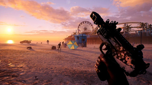 Dead Island 2 Gold Edition PC Screenshot - Sunset Beach Combat â A player holds a customized weapon, aiming at zombies roaming a sunlit beach near a Ferris wheel, creating a striking contrast between beauty and horror. Buy Dead Island 2 for PC Steam at RushGame.co