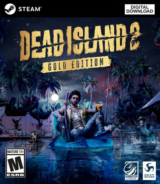 Dead Island 2 Gold Edition PC Steam CD Key Cover â The cover art for Dead Island 2 Gold Edition on PC (Steam), featuring a survivor lounging on an inflatable float in a zombie-infested pool at night, holding a cocktail while chaos unfolds behind him. Available for instant purchase at RushGame.co